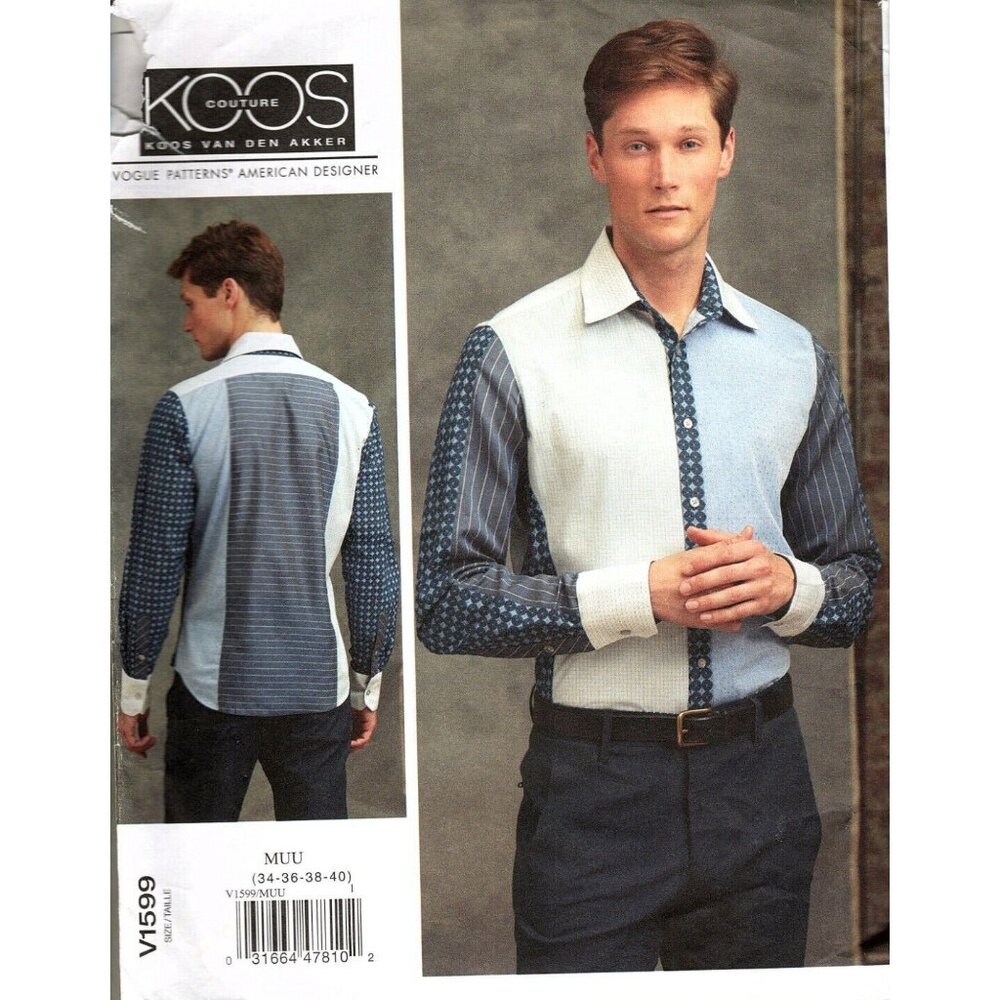 Vogue V1599 Mens 34 to 40 Koos Couture Button Front Shirt Uncut Sewing Pattern